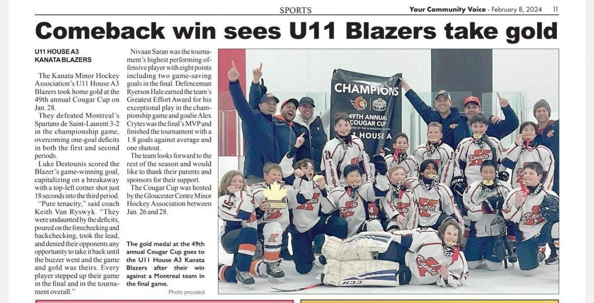 A great story in Your Community Voice this week about the Kanata U11 House A3 team and their championship win at the Cougar Cup last weekend. Congratulations team!! Way to go🏆🏒🥅