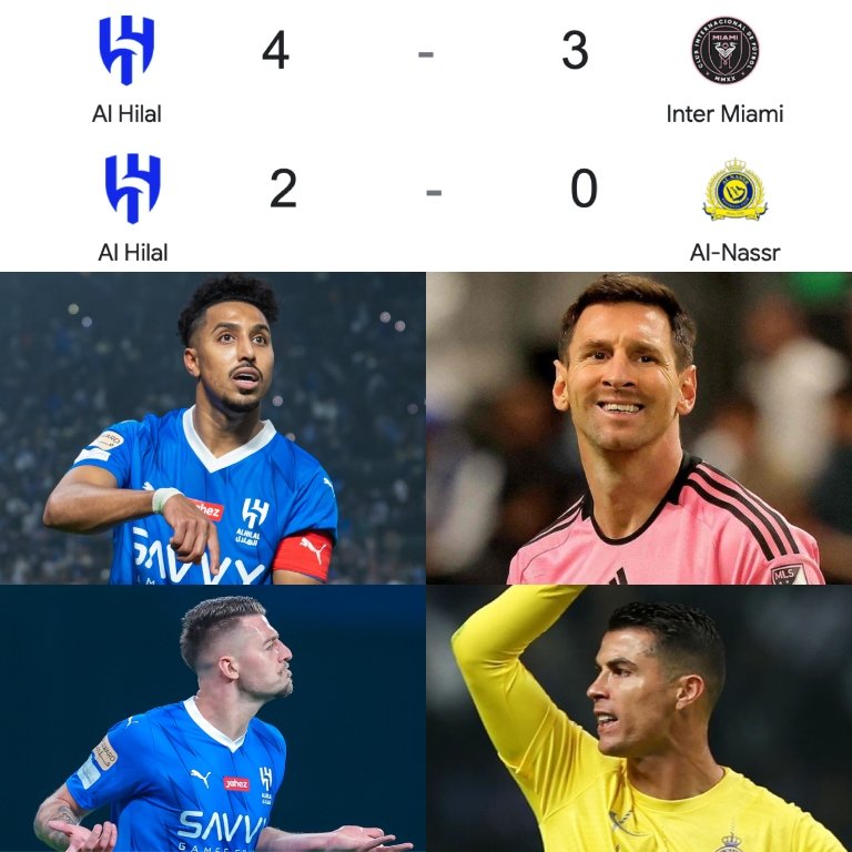 ➤ Vencieron al Inter Miami de Lionel Messi.
➤ Vencieron al Al Nassr de Cristiano Ronaldo.
➤ Campeones de la Riyadh Season Cup.

Al Hilal derrotó a los equipos de los GOATS. 

Y SIN NEYMAR.