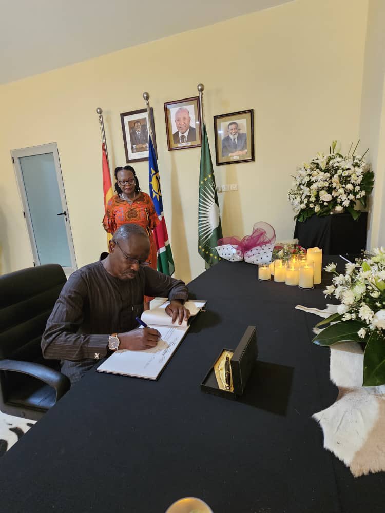 AfCFTA's tweet photo. The Chief of Staff of the Secretariat of the African Continental Free Trade Area Silver Ojakol has signed a book of condolence in honour of the late President of Namibia .

Mr Silver Ojakol signed the book of condolence at the High Commission of the Republic of Namibia in Ghana on Friday February 9, 2024.

The late Namibian leader was the third President of Namibia and served from 2015 until his death in February 2024.