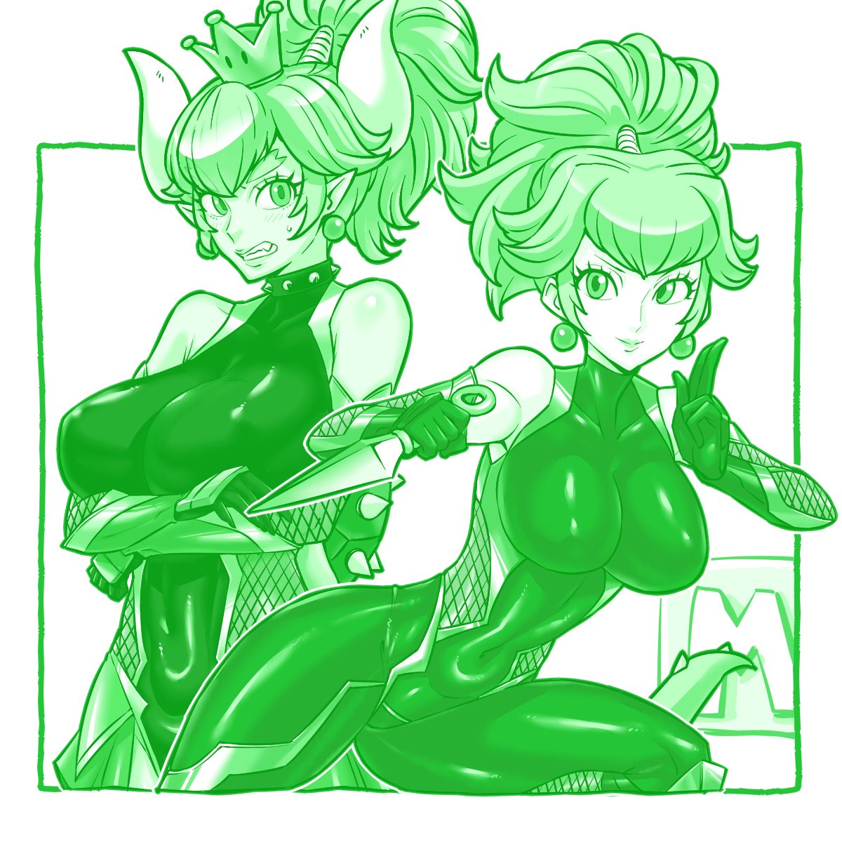 クッパ姫 ,ルイージ ,マリオ ,ピーチ姫 「プリンセスピーチ Showtime!の忍者ピーチ姫が可愛いのでファンアートを描き」|ibara(緑の人)のイラスト