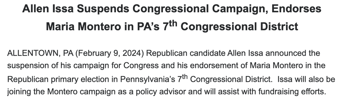 INBOX: <a href="/allenhissa/">Allen Issa</a> is dropping out of the PA-07 GOP race and endorsing <a href="/MariaMontero_PA/">Maria Montero</a>