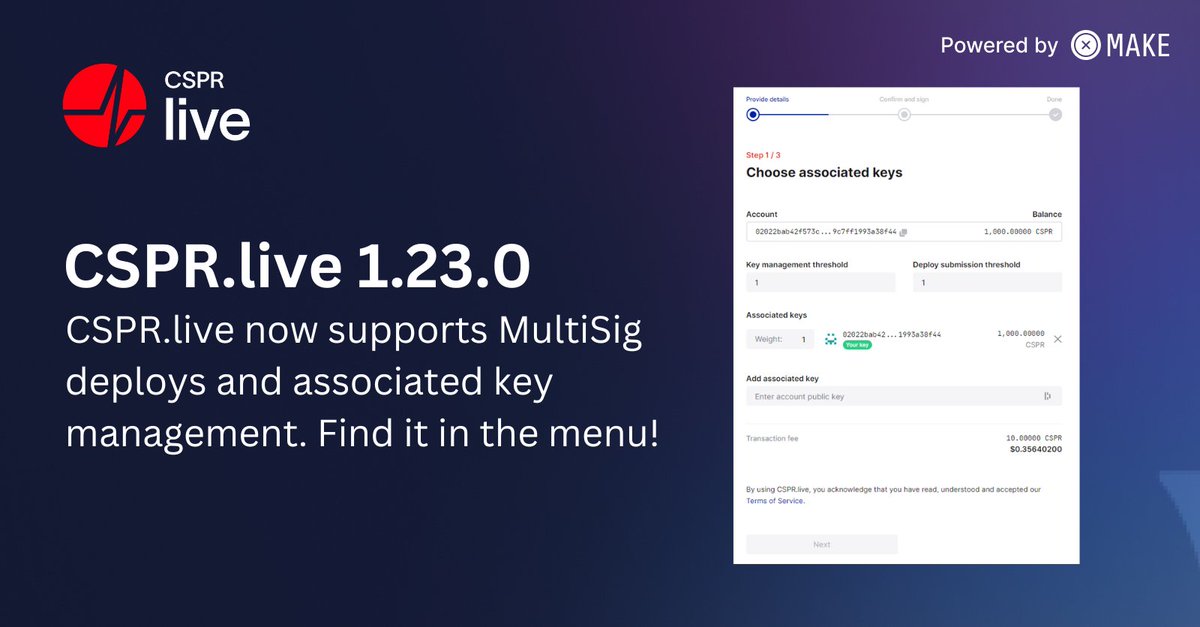 csprlive's tweet image. Multisig is here!

CSPR.live 1.23.0 now supports management of associated keys, and with it, MultiSig 🔒  

You can now manage an account from another or create an account with shared permissions on @Casper_Network! 🔑 

You can find it in the menu 🤝

DISCLAIMER:…