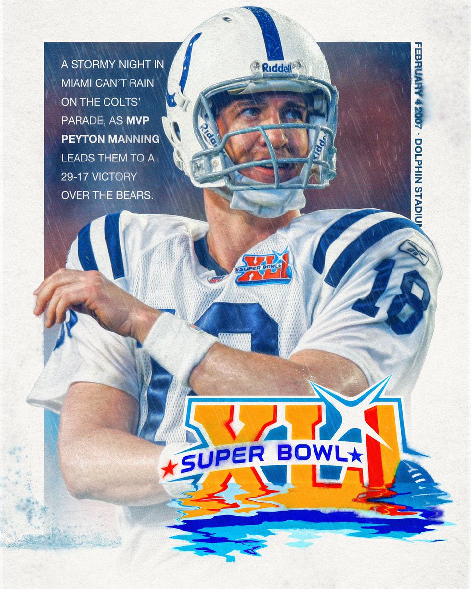 NFL's tweet photo. @steelers @Vikings @dallascowboys @Raiders @Broncos @RamsNFL @Eagles @49ers @Bengals @Commanders @MiamiDolphins @ChicagoBears @Patriots @Giants @BuffaloBills @chargers @packers @AtlantaFalcons @Titans @Ravens @Buccaneers @Panthers @Seahawks Super Bowl XLI: @Colts vs. @ChicagoBears https://t.co/HsQHeVX9BO