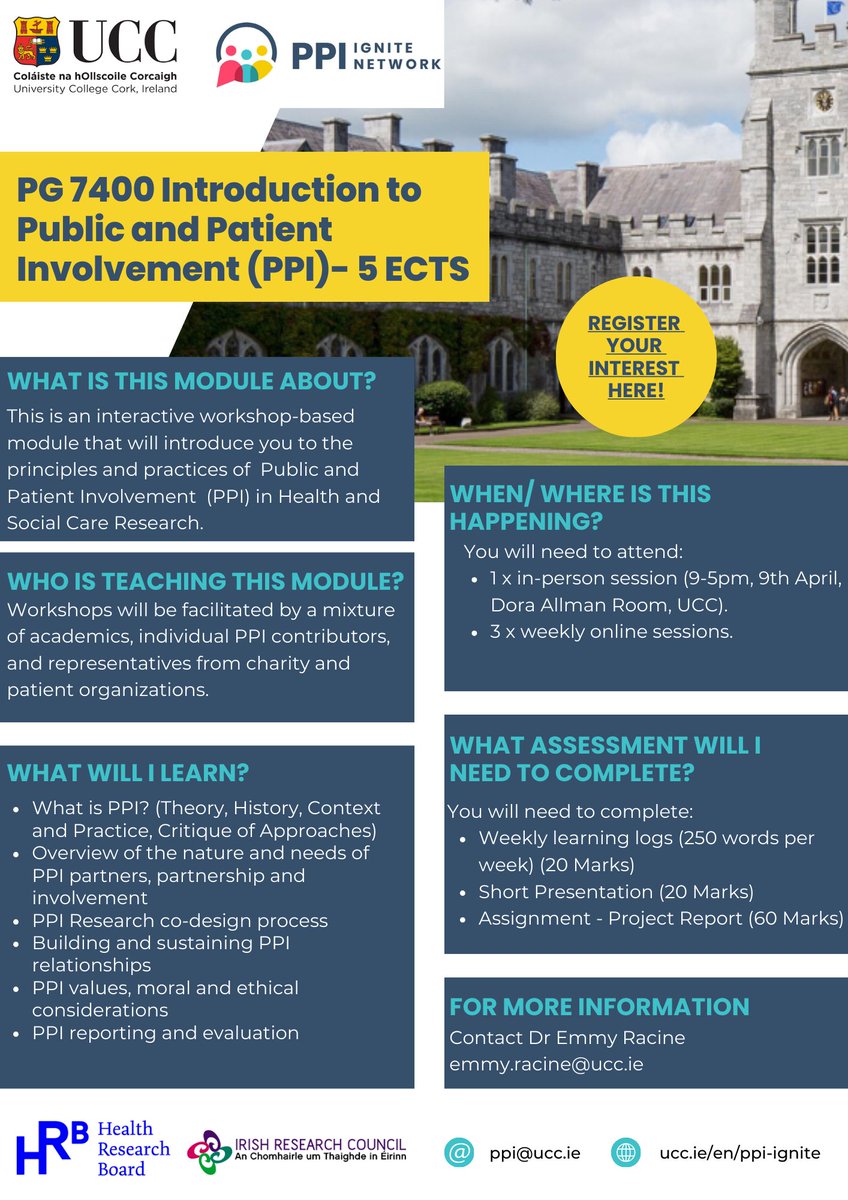 Expressions of interest now open for this new #IntroductiontoPPI module for @UCC Postgraduate Research Students. Places are limited. Register your interest here: shorturl.at/btDGL #ppiignite #publicinvolvement #ppi