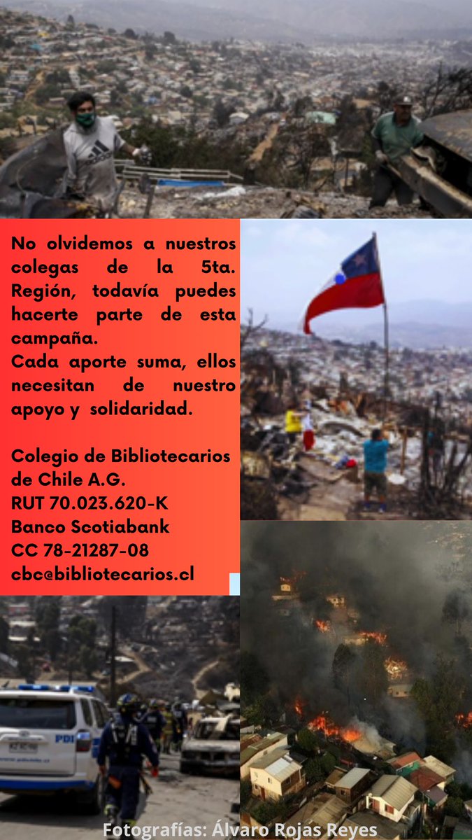 cbchileag's tweet photo. Les recordamos que seguimos recibiendo las donaciones para nuestros colegas afectados en los incendios ¡Cada peso cuenta!

Sus aportes a la siguiente cuenta:
Colegio de Bibliotecarios de Chile A.G.
RUT 70.023.620-K
Banco Scotiabank
CC 78-21287-08
cbc@bibliotecarios.cl https://t.co/SDRigMjkJn