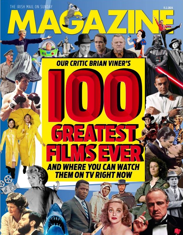 In tomorrow's Irish Mail on Sunday magazine, our crtitic Brian Viner's 100 greatest films ever and where you can watch them on TV right now. Can you name the classic movies on the cover? And much more.. fal.cn/3rAnB