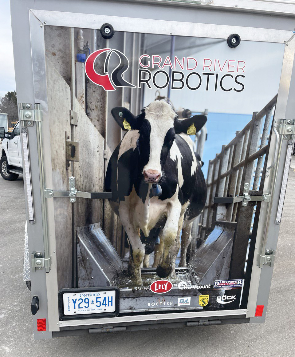 GRRobotics's tweet photo. The Grand River Robotics marketing trailer is ready for the 2024 farm shows with a shiny new wrap!
#Grandriverrobotics #Lely #BvL #serigstad #boetech #Hoofcount #Bock #Dairypower #farmshow https://t.co/OWHkLmWdAt