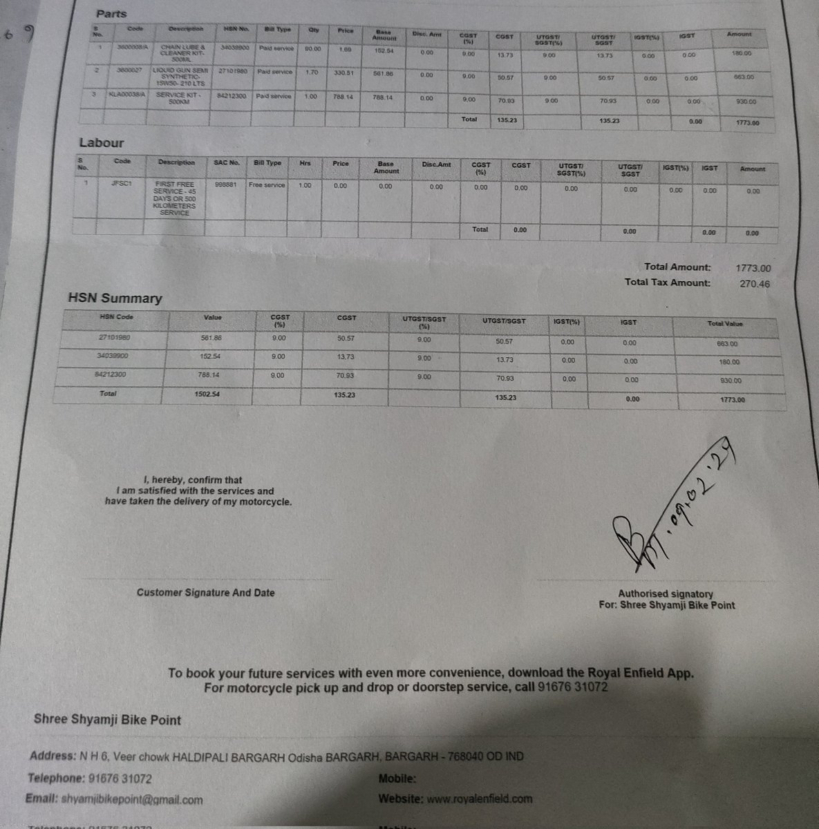circuitbug's tweet photo. Classic 350 halcyon black 1st service done at shree shyamji bike point Bargarh odisha,768028
Here I attached the invoice https://t.co/ublvkhhlQD
