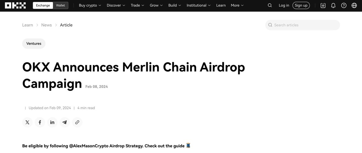 Merlin Chain is a Bitcoin Layer 2 developed by OKX &amp; Kucoin.

Airdrop is confirmed and you will be eligible by following my strategy.

Time - 10 minutes
Potential reward - $2000

Dive into the guide 🧵 👇