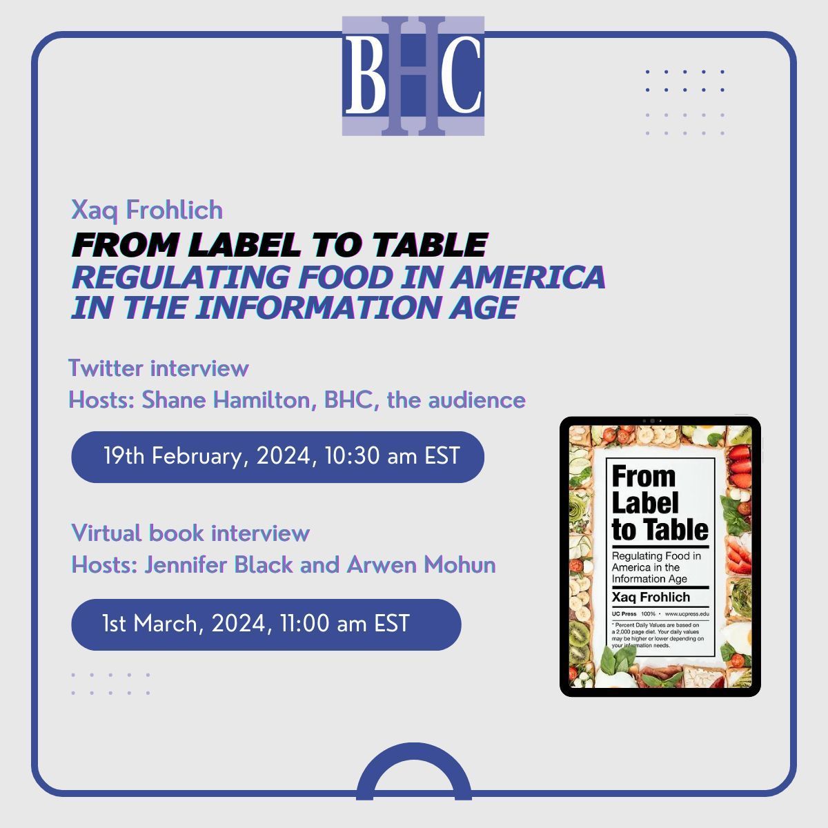 Join us for an interview with @ComedoErgoSum Auburn University for an interview about his new book 📚 From Label to Table @ucpress or join the virtual interview (Live on YouTube) on March 1st at 11 am ET. Can't attend? DM your questions or praise to web-editor@thebhc.org