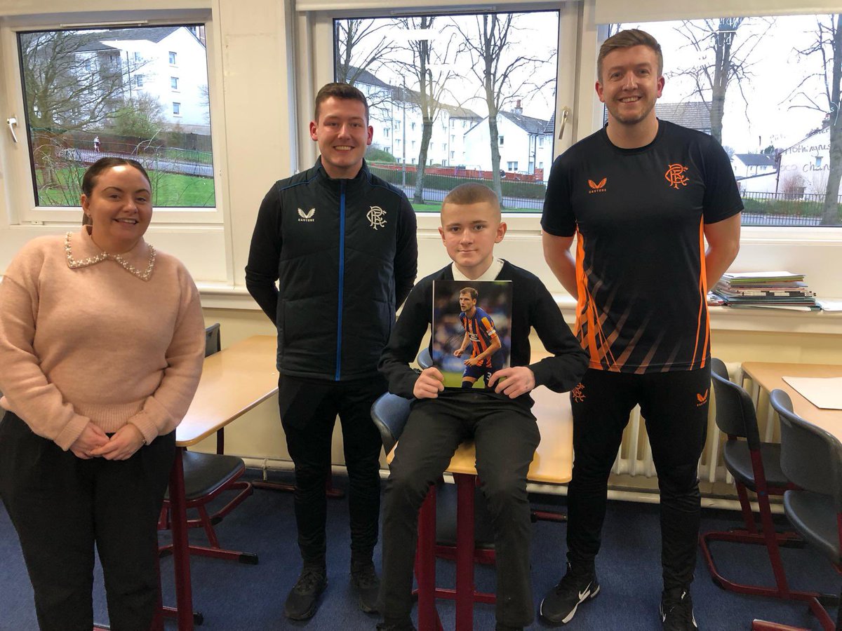Well done to this young person who has faced a very challenging time recently but has shown real determination and perseverance. Lovely to see him receive recognition from Rangers Charity Foundation with a signed photograph, a tour and two tickets for a Rangers game.