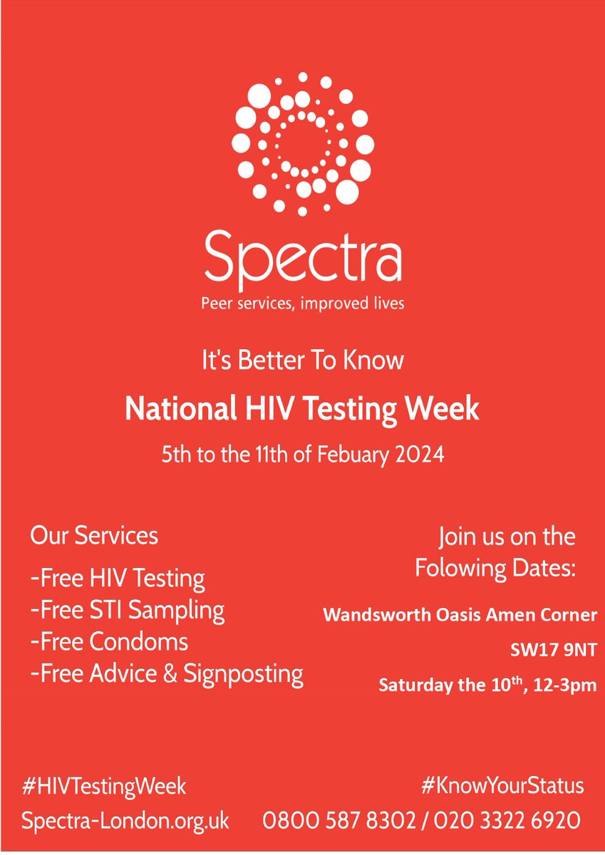 Join us tomorrow at @wandsworthoasis Amen Corner from 12-3pm and @WhittonLibrary from 1-4pm in partnership with @wandbc & @LBRUT for the fifth day of #HIVtestingweek HIV testing, STI sampling, condoms, information & advice about Spectra and local services spectra-london.org.uk/all-events/