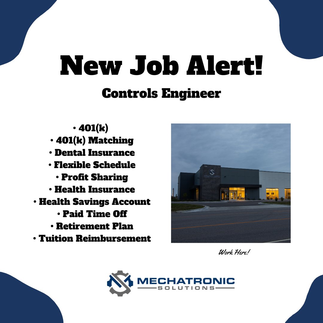 MechatronicSol's tweet image. ¡NEW JOB ALERT!
We are seeking out a Controls Engineer to join our Application Engineers!
BS in Electrical or Mechanical Engineering or equivalent experience.
2+ Years of Experience
PLC Programming Experience with Ladder and ST
#ControlsEngineer
hubs.li/Q02kxgr10