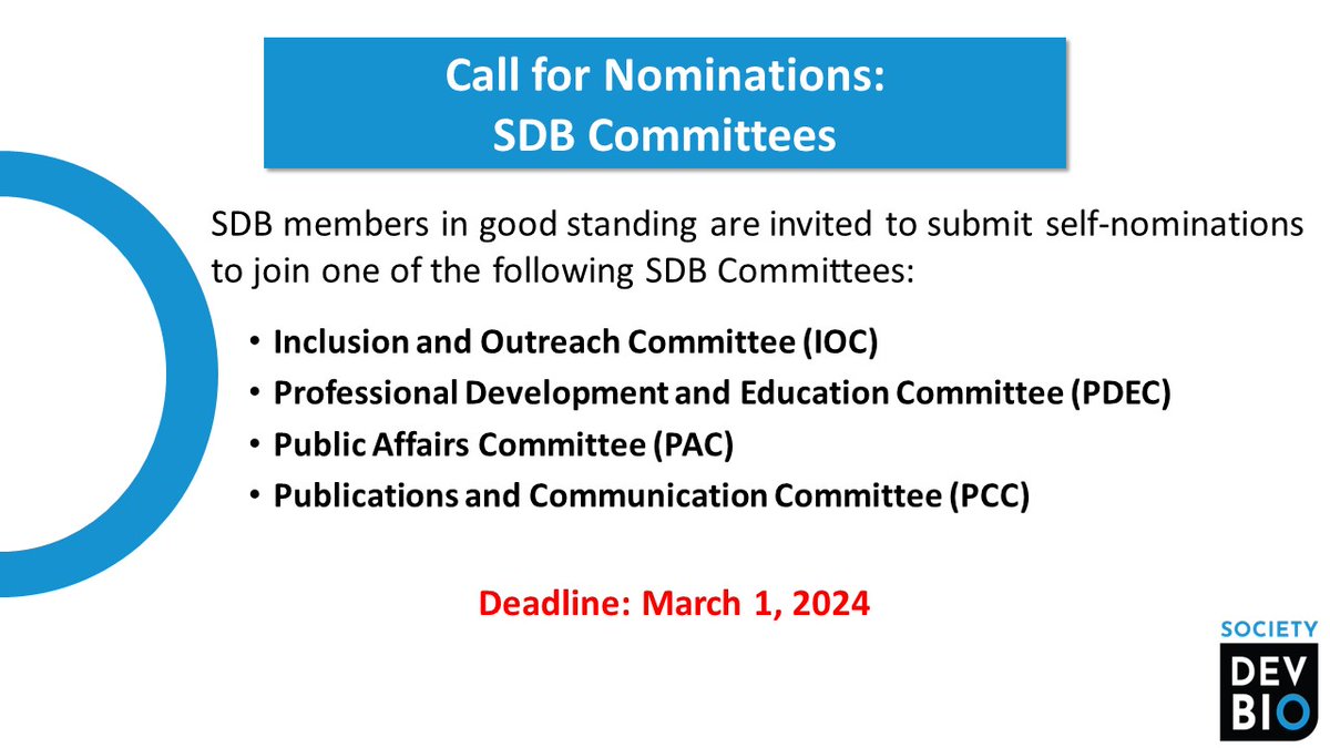 SocDevBio's tweet image. Call for Nominations for SDB Committees!
SDB members are invited to submit self-nominations to join the following Committees: Inclusion &amp;amp; Outreach, Professional Development &amp;amp; Education, Public Affairs, and Publications &amp;amp; Communication. Deadline: March 1. 
bit.ly/3Uz22dg