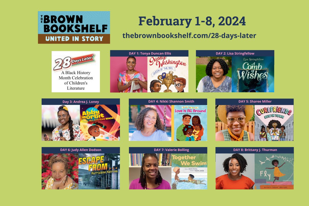 Today we’re highlighting the first eight storytellers in the 17th class of @brownbookshelf's 28 Days Later honorees. Learn more about these Black authors and illustrators, see their books for kids, and celebrate with us! thebrownbookshelf.com/28daysyears/20… #28DaysLaterBooks