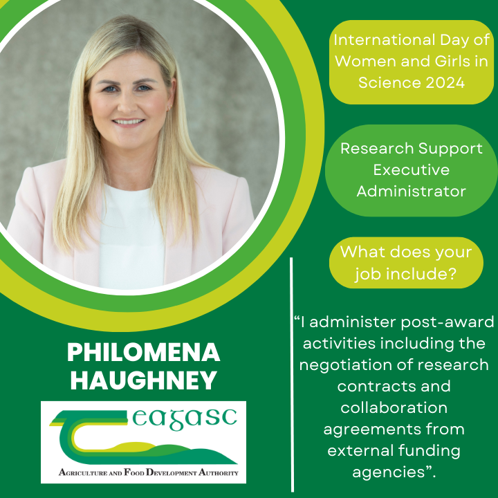 Join Teagasc in celebrating the International Day of Women and Girls in Science on #February11. Philomena Haughney is a Research Support Executive Administrator at Teagasc Head Office. Find out more bit.ly/3HOXmZ2 #WomenInScience #Teagasc @UN_Women