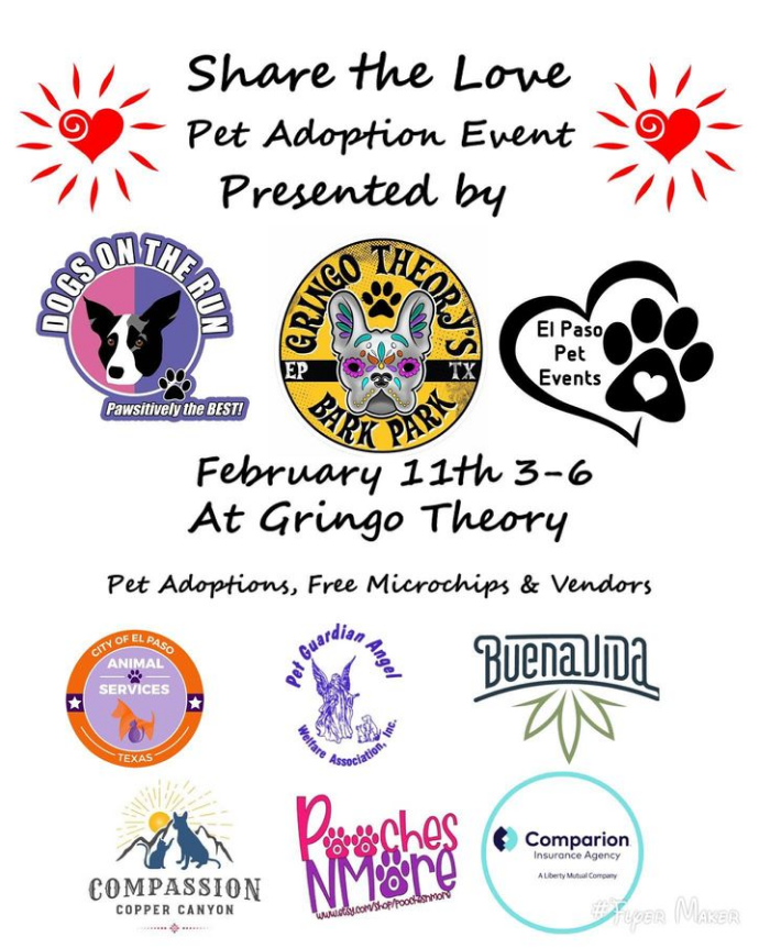 ElPasoAnimalSvc's tweet photo. #PetAdoptions, #FreeMicrochips, and much more going on this Saturday at the #SharetheLove #Event, presented by Dogs on the Run Grooming, El Paso Pet Events, and Gringo Theory!

📍 Gringo Theory - 11410 Montana
📅 Saturday, February 11th
⏰ 3 pm – 6 pm https://t.co/GCFKhpSjQb