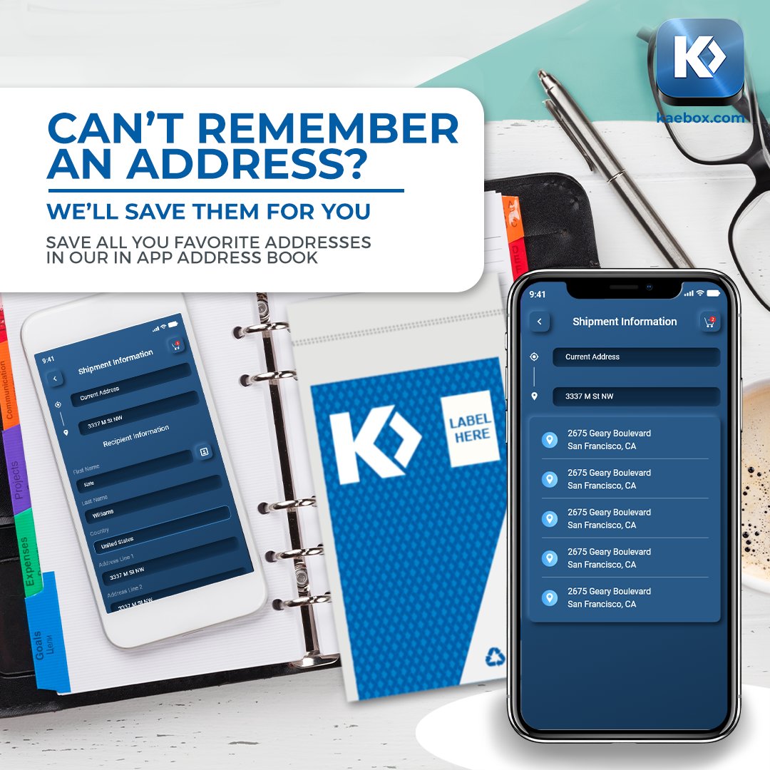 Kaebox1's tweet photo. Are you a frequent flyer at the post office? Kaebox has optimized the delivery game with our automated address catalog.

Ship to your favorite locations easily in the Kaebox app!

iOS: https://t.co/qazYJ9WU1x
Android: https://t.co/edNYJowVUP

#Kaebox #Addressbook #GroundShipping https://t.co/ButyO1cwI3