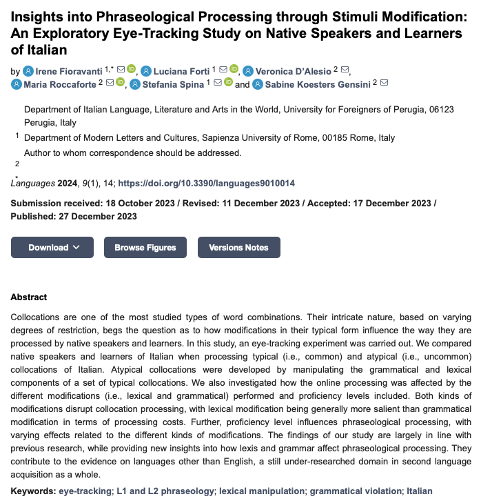 sspina's tweet photo. Our article "Insights into Phraseological Processing through Stimuli Modification: An Exploratory Eye-Tracking Study ..." is out. It's one of the studies from our #PHRAME project on #phraseology, written with @l_for_ti and other project partners
๐๐
https://t.co/1yxIGuSEZb https://t.co/7TwnHt9fHp