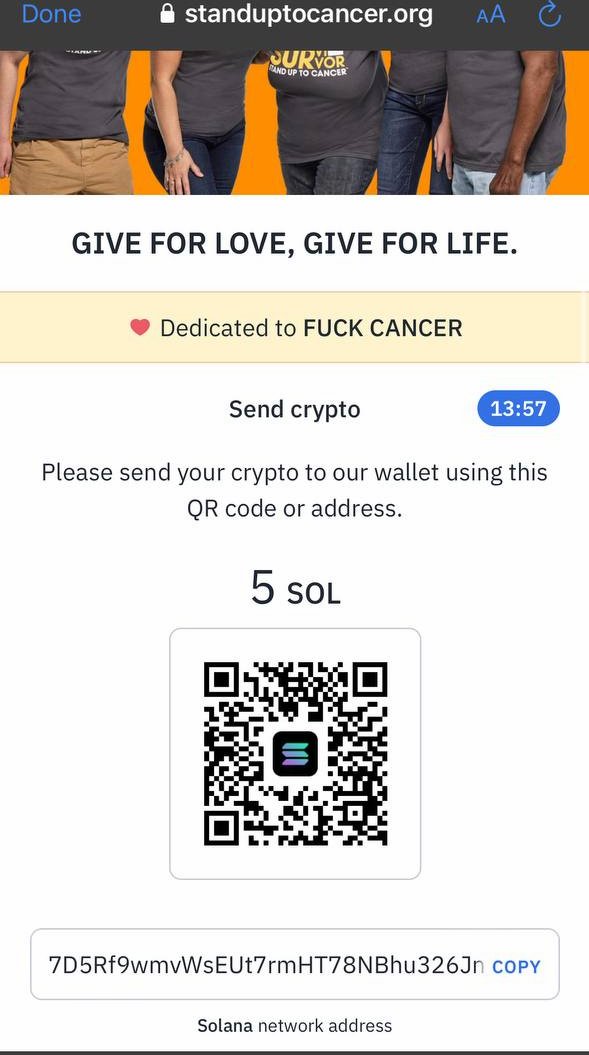 FukCancerSol's tweet photo. Hey @blknoiz06 

On our 1st day we donated 5 SOL to @SU2C 
@SU2CUK 

What other projects do you see on #Solana actually follow through on their mission?   

We do.  

We want to send even more.  

Think you can help out the cause with a donation match?

Let's send it. 🚀 https://t.co/eCiC5ScpeW