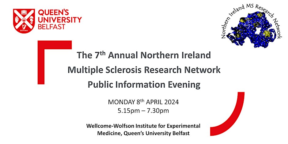 NI MS Research Public Information Evening
📅Mon, 8 Apr 
🕐5:15 - 7:30 pm
🏦Wellcome-Wolfson Institute for Experimental Medicine at Queen’s University Belfast.
This event is FREE and open to anyone affected by MS, with their families and friends.
Register: eventbrite.co.uk/e/northern-ire…