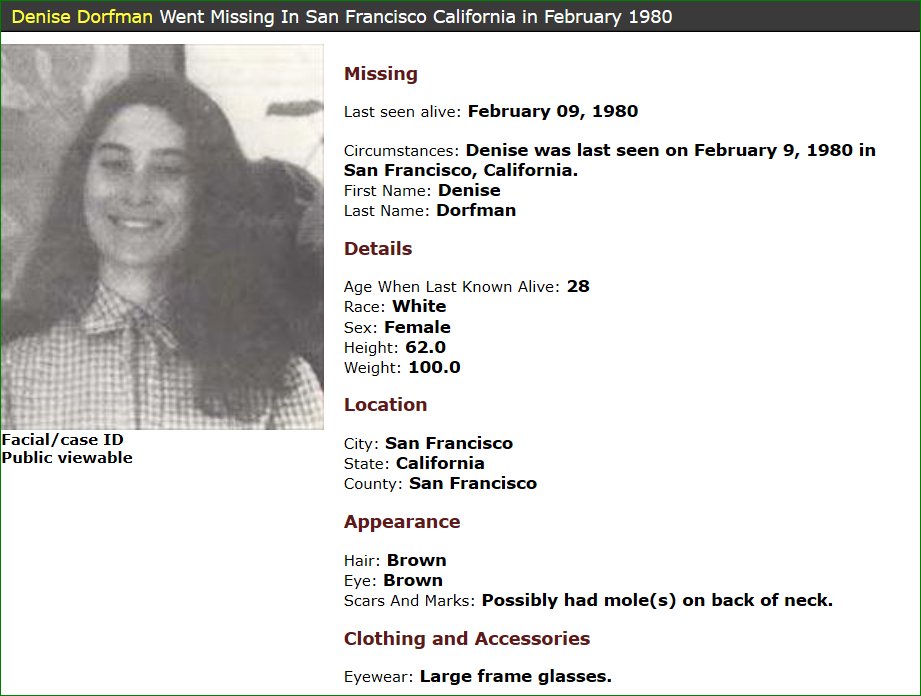 History of violence (@missingvanished) on Twitter photo 1980 28-year-old Denise Dorfman went #MISSING #OnThisDay from San Francisco #California #missingpeople @MissingKids <a href="/VFJPod/">Voices for Justice Podcast</a> @AISOCC <a href="/FBI/">FBI</a> <a href="/camissingreport/">CA Missing Report</a> <a href="/SFGate/">SFGATE</a> <a href="/sfchronicle/">San Francisco Chronicle</a> <a href="/sfexaminer/">SF Examiner</a> <a href="/SFWeekly/">SF Weekly</a> <a href="/mercnews/">Mercury News</a> 1980 28-year-old Denise Dorfman went #MISSING #OnThisDay from San Francisco #California #missingpeople @MissingKids <a href="/VFJPod/">Voices for Justice Podcast</a> @AISOCC <a href="/FBI/">FBI</a> <a href="/camissingreport/">CA Missing Report</a> <a href="/SFGate/">SFGATE</a> <a href="/sfchronicle/">San Francisco Chronicle</a> <a href="/sfexaminer/">SF Examiner</a> <a href="/SFWeekly/">SF Weekly</a> <a href="/mercnews/">Mercury News</a>
