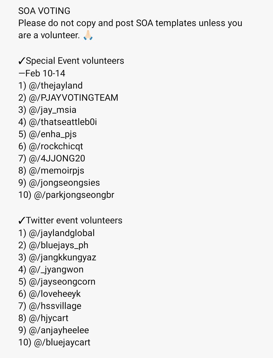 Here's the list of volunteers for SOA voting, and each volunteer has a specific goal to achieve, so please take down your post now if you copy and paste the template. See the tweet below for the tweets you should retweet and give hype to.