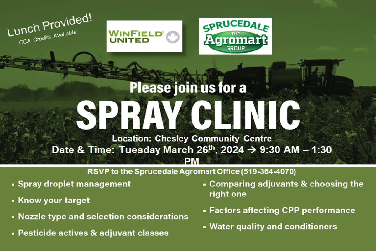 It's happening! Spray clinic in Chesley on March 26th! Please RSVP by March 19th! #ontag @sprucedaleag