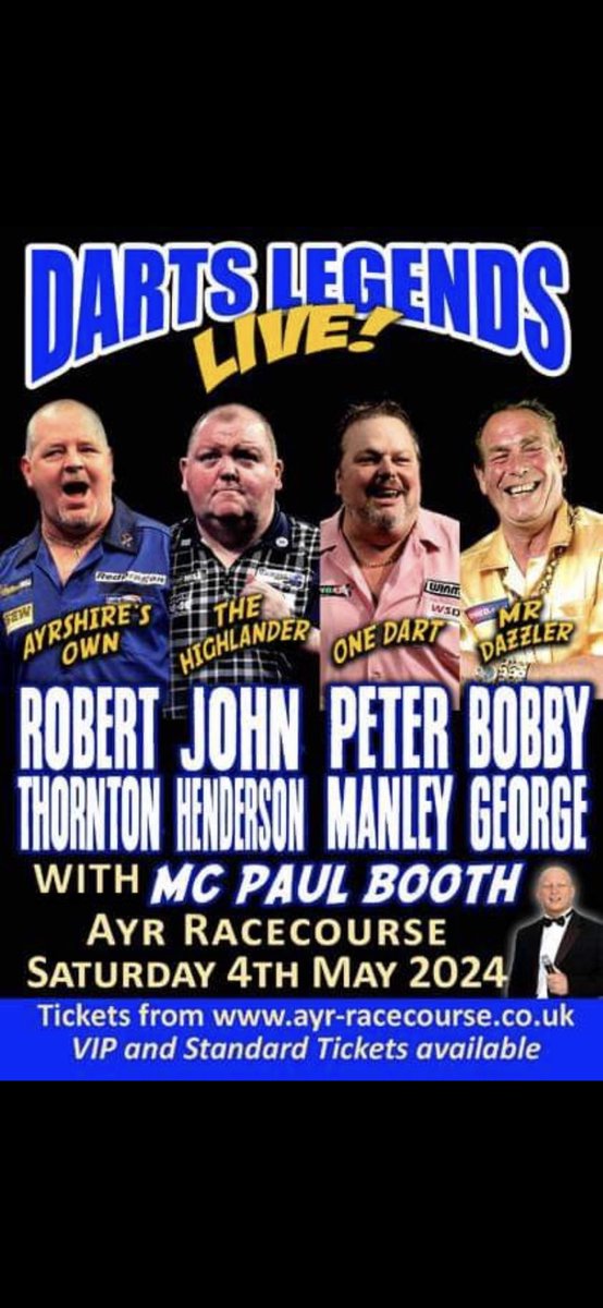 Darts Legends Live @ayrracecourse on Saturday May 4th Tickets Available @BobbyGeorge180 @PaulBoothMC @onedart180 @hendo180 @TheThorn180 @ModusDarts180 @MDAevents RP Please 🎯