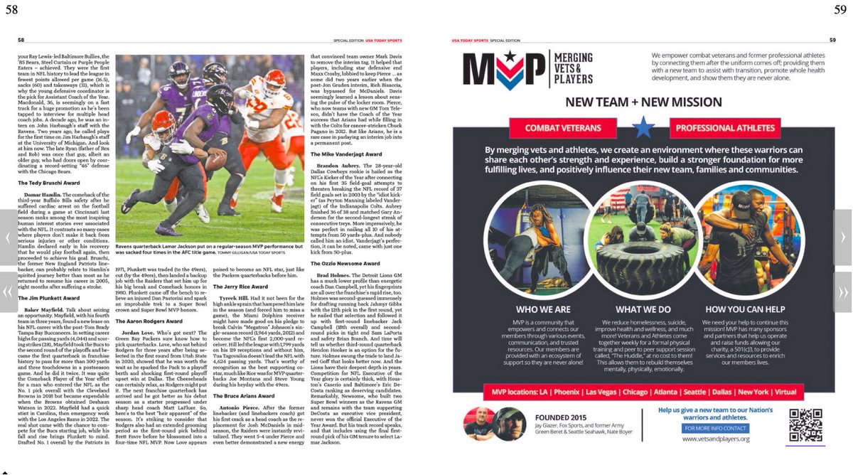 Thrilled to share that Merging Vets and Players is spotlighted in the @USATODAY Sports Super Bowl 58 Preview! 🏈🇺🇸 Check us out on Page 59, you can view the entire program below! usatodayspecial-va.newsmemory.com/?special=Super… #MVP #Team #USAToday #SuperBowl #NFL #Veterans #Athletes