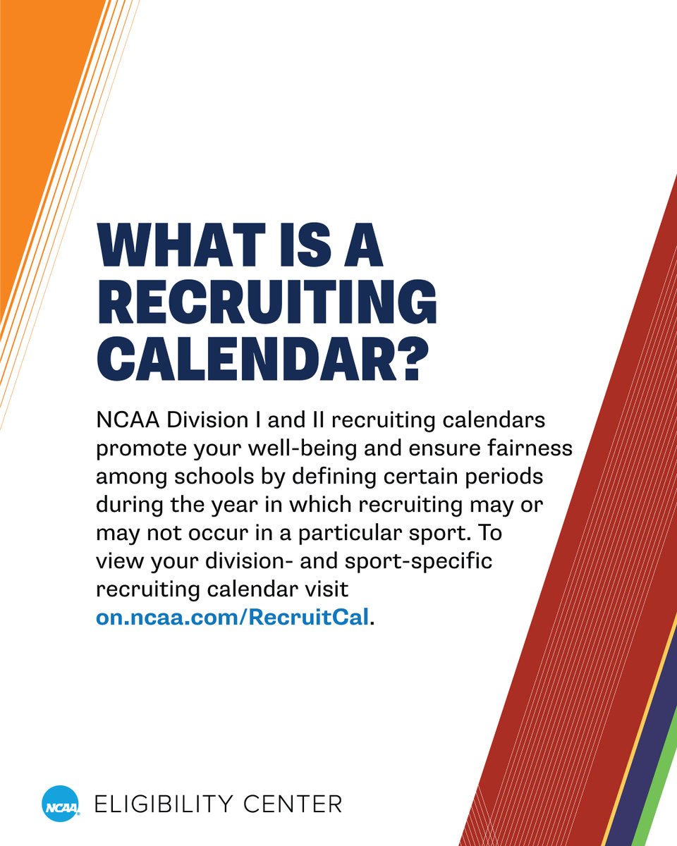 ncaaec's tweet image. DYK? There are certain periods during the year in which recruiting may or may not occur in a particular sport. Review your @NCAA division- and sport-specific recruiting calendar.

🔗 on.ncaa.com/RecruitingCal