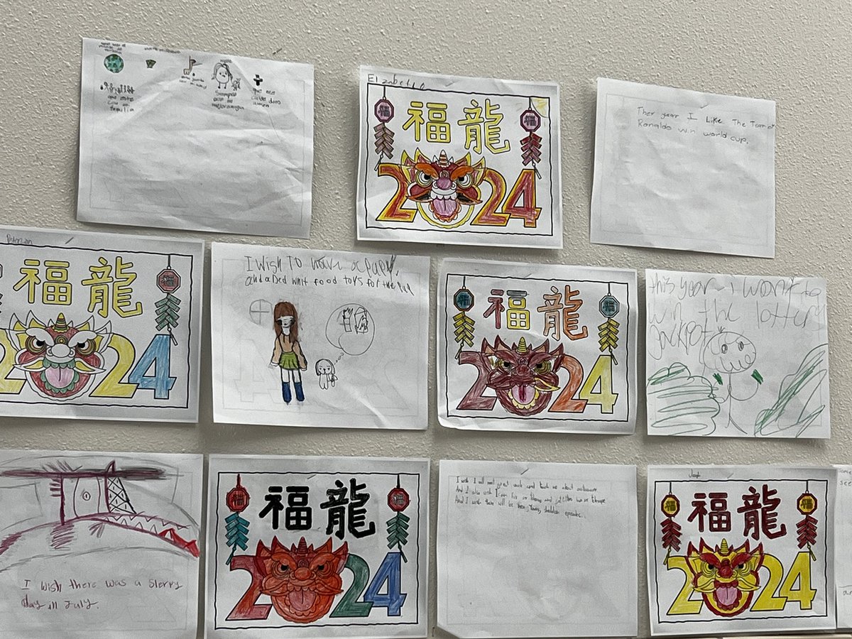 This week grades 3-5 learned more about Lunar New Year and celebrated the year of the dragon 🐉 by writing what they want to happen in 2024. 💥 🎉 #BradfieldsBest #WeAreBradfield