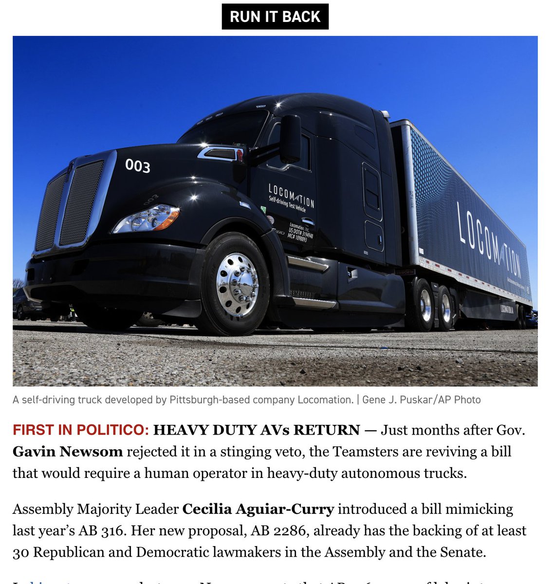 lara_korte's tweet photo. ICYMI: California lawmakers and Teamsters are bringing back the heavy duty AV bill.

More in California Playbook — https://t.co/uU1uGISqdO https://t.co/aIciHUJqlI