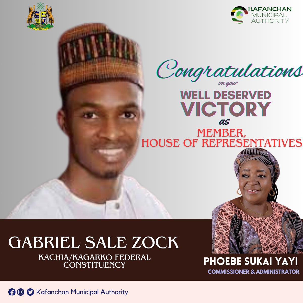 Congratulations on your well deserved victory at the polls during the just concluded by-elections @RtHonYusufLiman as the Speaker, Kaduna State House of Assembly and to @HonGabrielSaleZock, member representing Kachia/Kagarko Federal Constituency @ubasanius @OkoyeFabian2