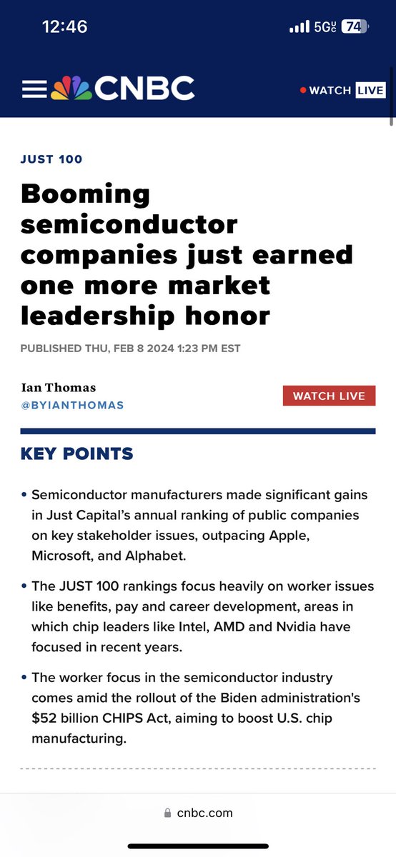 Great to see US semiconductor firms charging ahead on job quality in 2024 acc. to @JustCapital ratings. CHIPS for America is focused on creating good jobs with upward mobility, career advancement, & family-sustaining wages 🇺🇸-- via @CNBC cnbc.com/2024/02/08/boo…