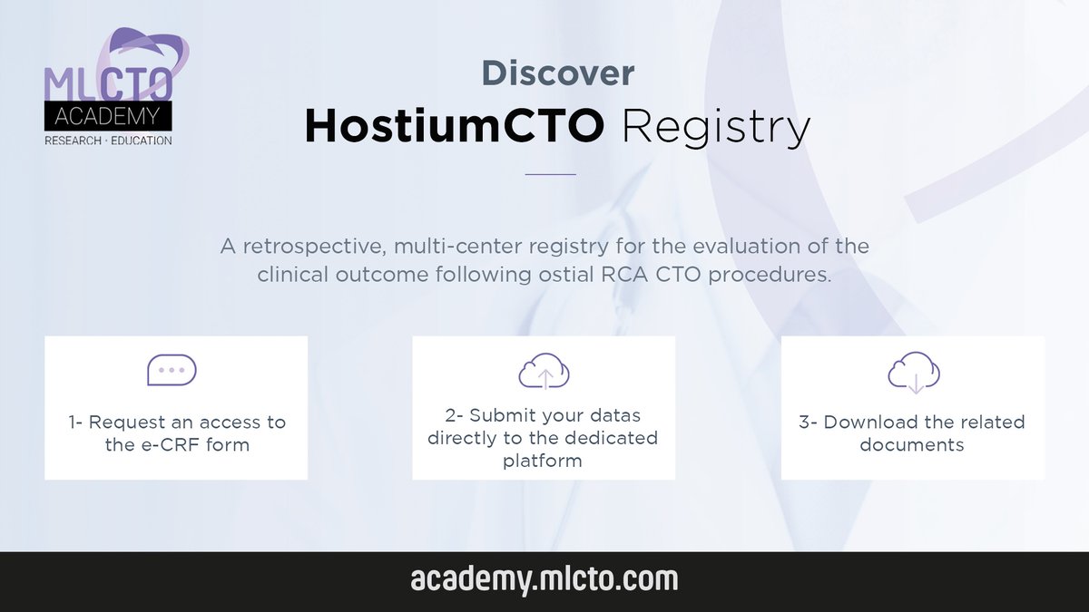 💡Have you heard about our 2nd registry? #HostiumCTO, a retrospective, multi-center registry for the evaluation of the clinical outcome following ostial RCA CTO procedures 🔗Discover more and participate! swll.to/2tFTupF #MLCTOAcademy #cardiology #research #CTO #RCA