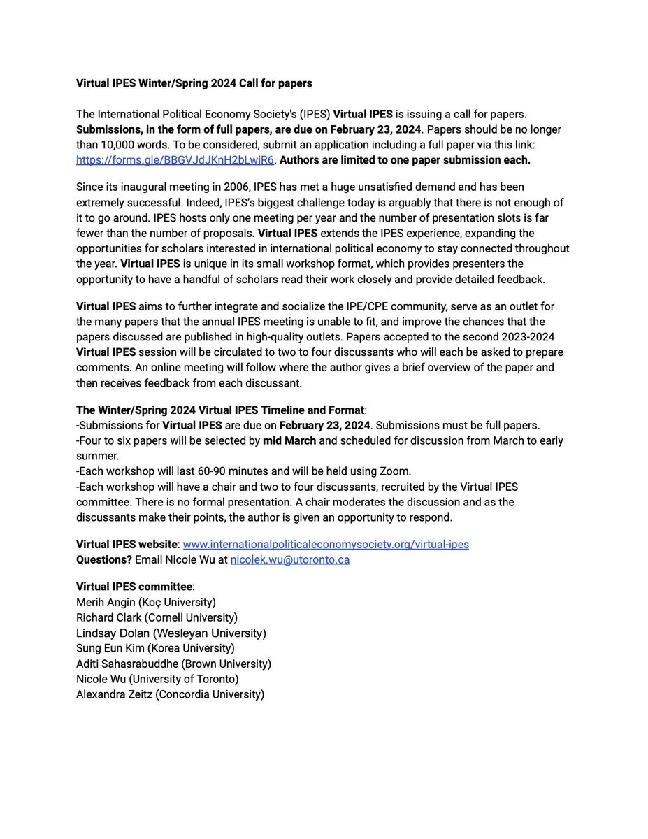 International Political Economy Society (IPES)’s Virtual IPES is calling for paper submissions for its Winter/Spring 2024 round of workshops VIPES: …ernationalpoliticaleconomysociety.org/virtual-ipes Application link: forms.gle/BBGVJdJKnH2bLw…