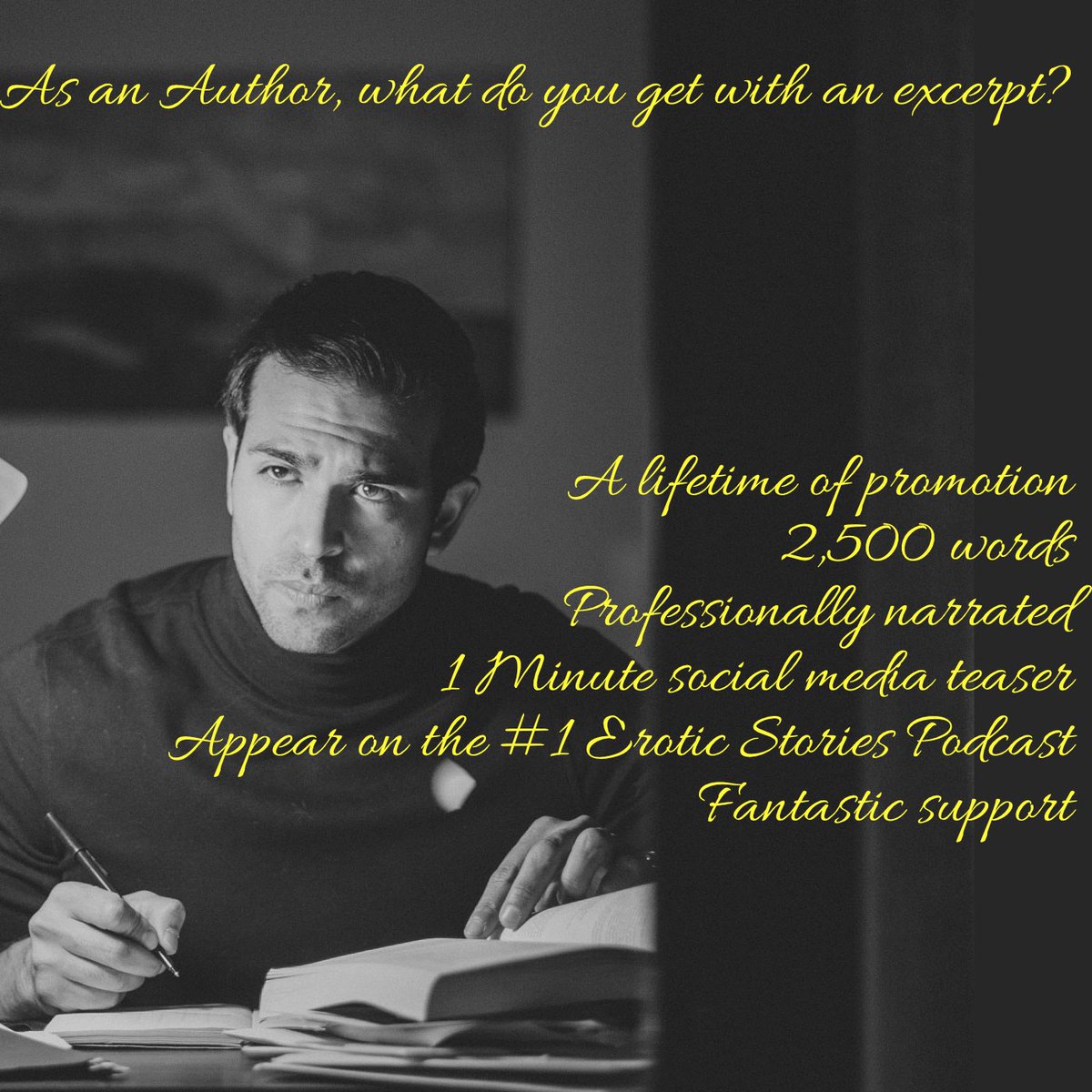DevlinWylde's tweet photo. I've made this as simple as possible, you check the space availability with me. Send me an excerpt as hot as you like. I narrate it. I post it in a dedicated episode. 
Simples! 
#bookpromotion #eroticauthors #DarkRomance #authorscommunity https://t.co/xFZfr4soMX