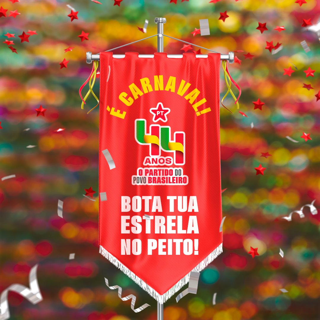 ptbrasil's tweet photo. ⭐ HOJE É DIA DE BRILHAR ⭐ E FESTEJAR OS 44 ANOS DE LUTA DO PT ⭐ @PTnaCamara @PTnoSenado 

Vai pra rua com a tua estrela no peito, compa? Lembre de marcar o @ptbrasil nas redes e usar a #PT44Anos 🤩 https://t.co/uuiWiba0ar