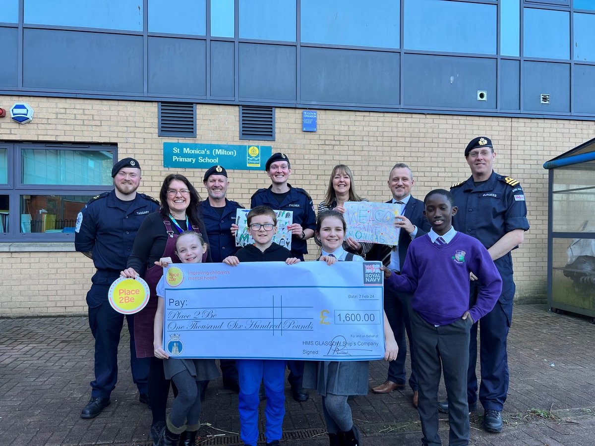 Members of Ship's Company visited St Monica's Primary school making a donation to @Place2Be to support children's mental health. Read more here: royalnavy.mod.uk/news-and-lates…