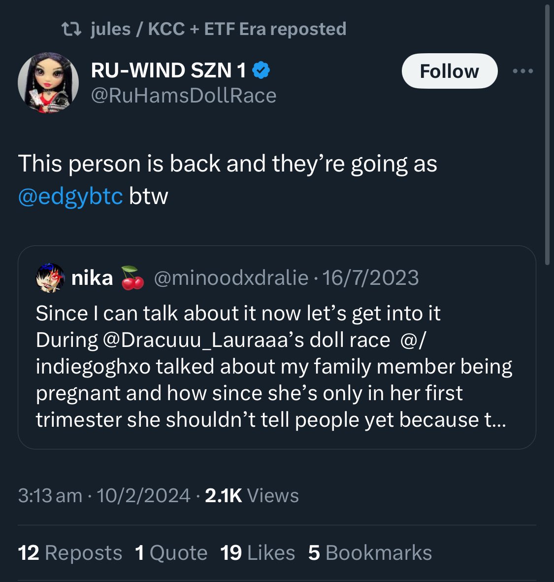 edgybtc's tweet photo. this is the last time im ever speaking on this topic bc im honestly tired of these allegations. Im not that indie person. &amp; funny how they do this a week before my doll comp starts. Seems a little too convenient if you ask me. https://t.co/lU1VyhJK4Z