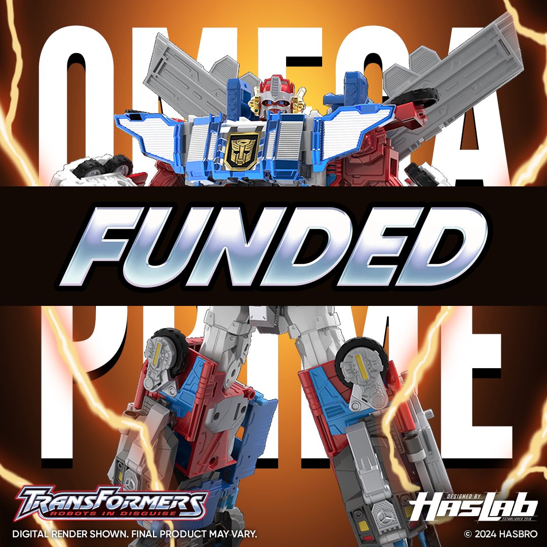 HasbroPulse's tweet image. Exciting news! The #HasLab campaign for #Transformers: Legacy #RobotsInDisguise 2001 #OmegaPrime has achieved its goal with 10,000 backers! A massive thank you to all the incredible fans who made this possible – your support has truly brought Omega Prime to life!