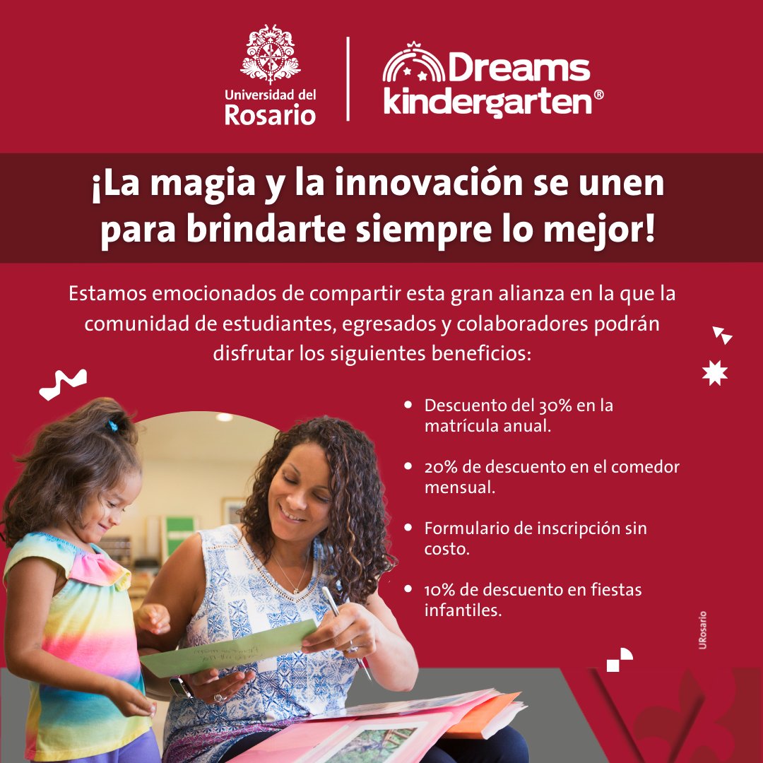 Egresado Rosarista ¿tienes hijos pequeños? este nuevo convenio te interesa.

¡Bienvenidos Dreams Kindergarten a nuestro portafolio de convenios, un lugar donde la magia es hacer los sueños realidad!
<a href="/DreamsKinder/">Dreams Kindergarten</a> 

Para obtener más información ingresa a acortar.link/oCPa3J