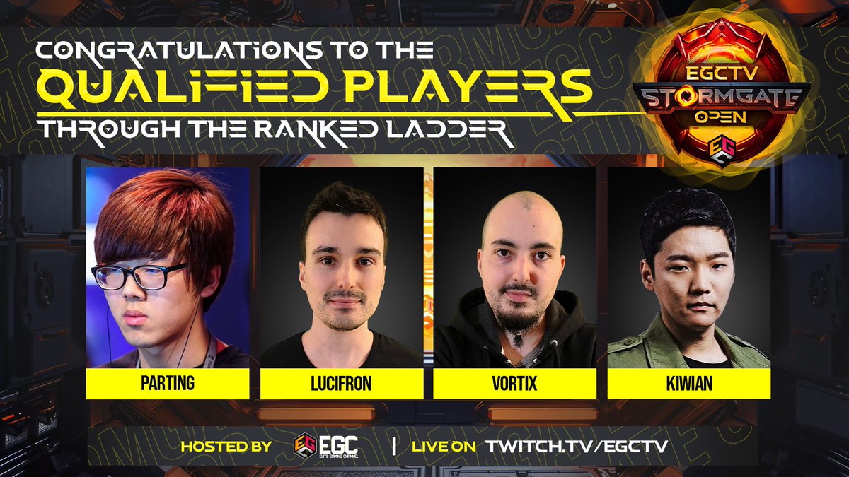 We are excited to announce the 4 players earning their spot in the Finals of the EGC <a href="/PlayStormgate/">Stormgate</a> Open via the Ranked Ladder!

And how fitting that we see two SC2 and two AOE4 players represented!

Congratulations:

<a href="/PartinGBigBoy/">원이삭(PartinG)</a>  
<a href="/SC2_TOP/">kiwian Buu</a> 
<a href="/VortiX_93/">Juan Moreno Durán</a> 
<a href="/LucifroN7/">Pedro Moreno Durán</a>