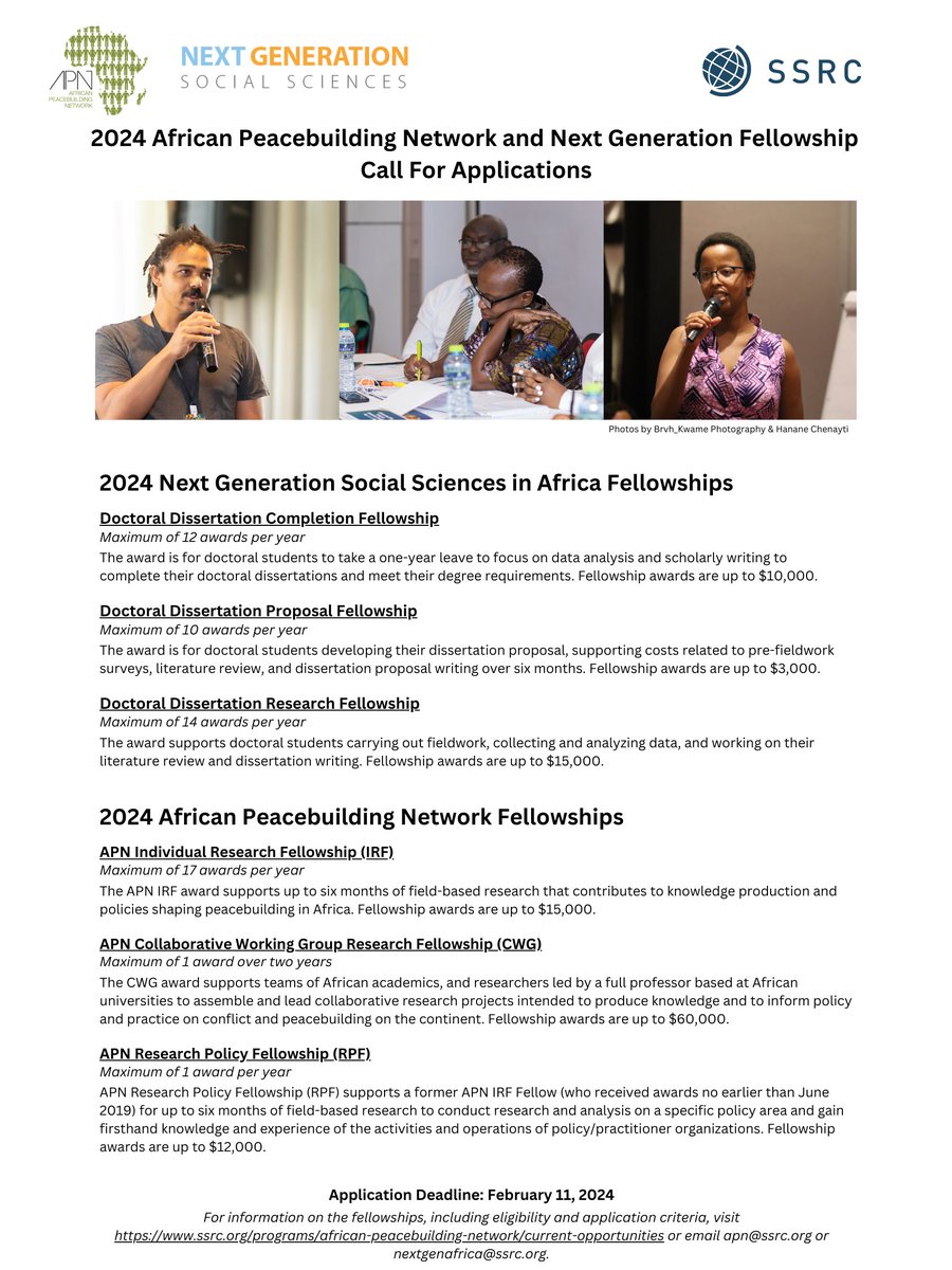 Call for Proposals! The 2024 African Peacebuilding Network (APN) and Next Generation Social Sciences in Africa (Next Gen) fellowship competitions close on Sunday, February 11, 2024, at 11:59 EST. ssrc.org/programs/afric…