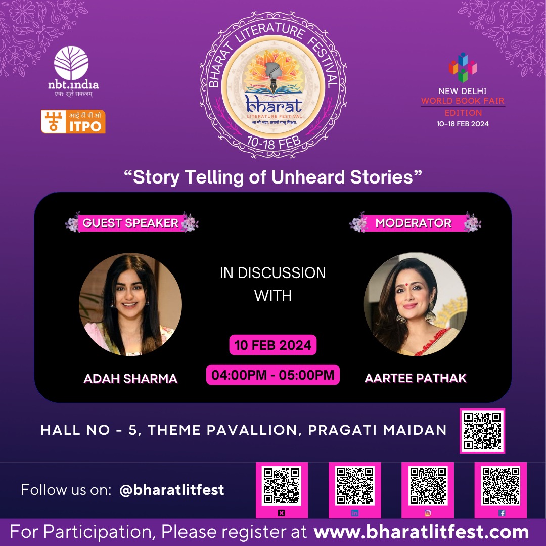 BharatLitFest_'s tweet photo. "Story Telling of Unheard Stories!" Catch us at our exquisite session with renowned actor @adah_sharma  in conversation with @AarteePathak at #BharatLiteratureFestival in #NewDelhiWorldBookFair Pragati Maidan.

@nbt_india @BhaaratExpress @Vision_IAS  #adahsharma #Cinema #BLF2 https://t.co/xrH8vi6CHR