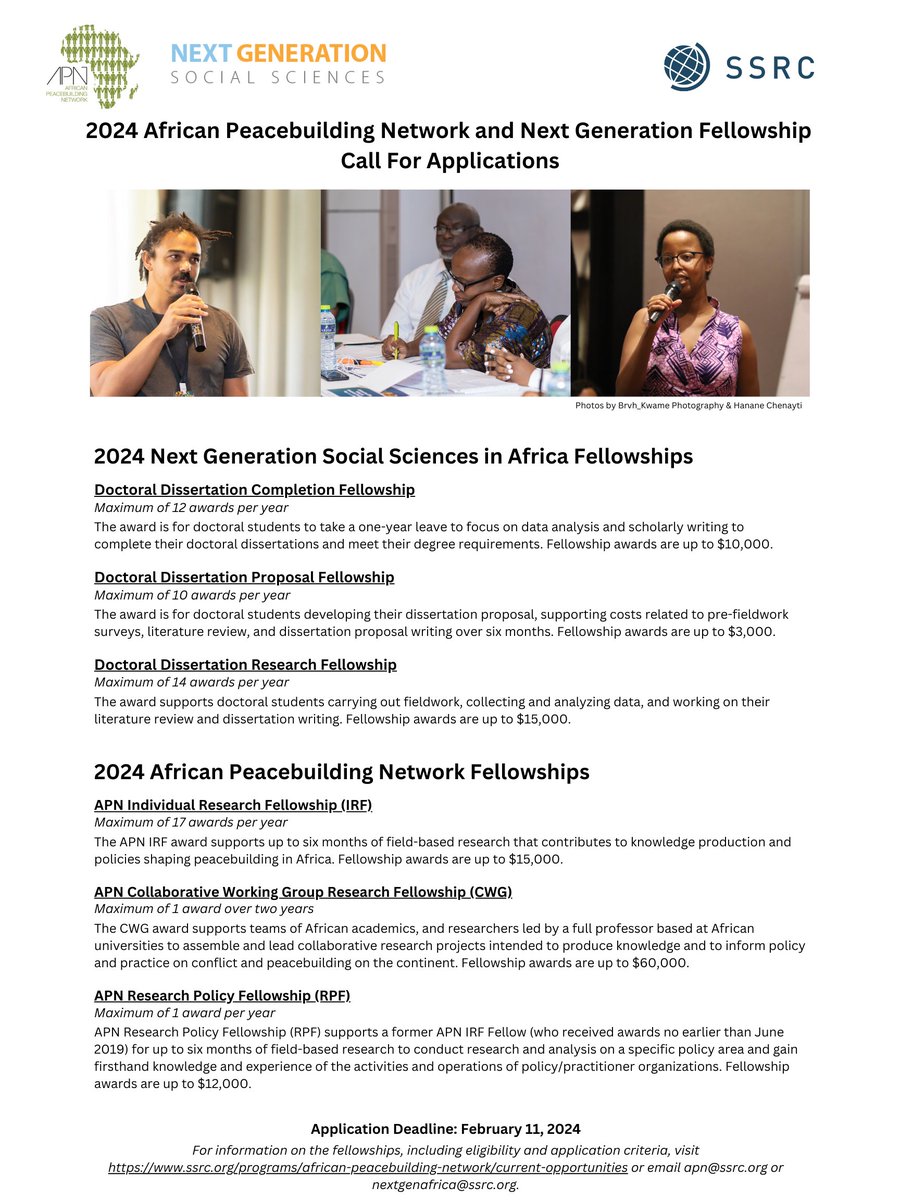 Call for Proposals! The 2024 African Peacebuilding Network (APN) and Next Generation Social Sciences in Africa (Next Gen) fellowship competitions close on Sunday, February 11, 2024, at 11:59 EST.

ssrc.org/programs/afric…