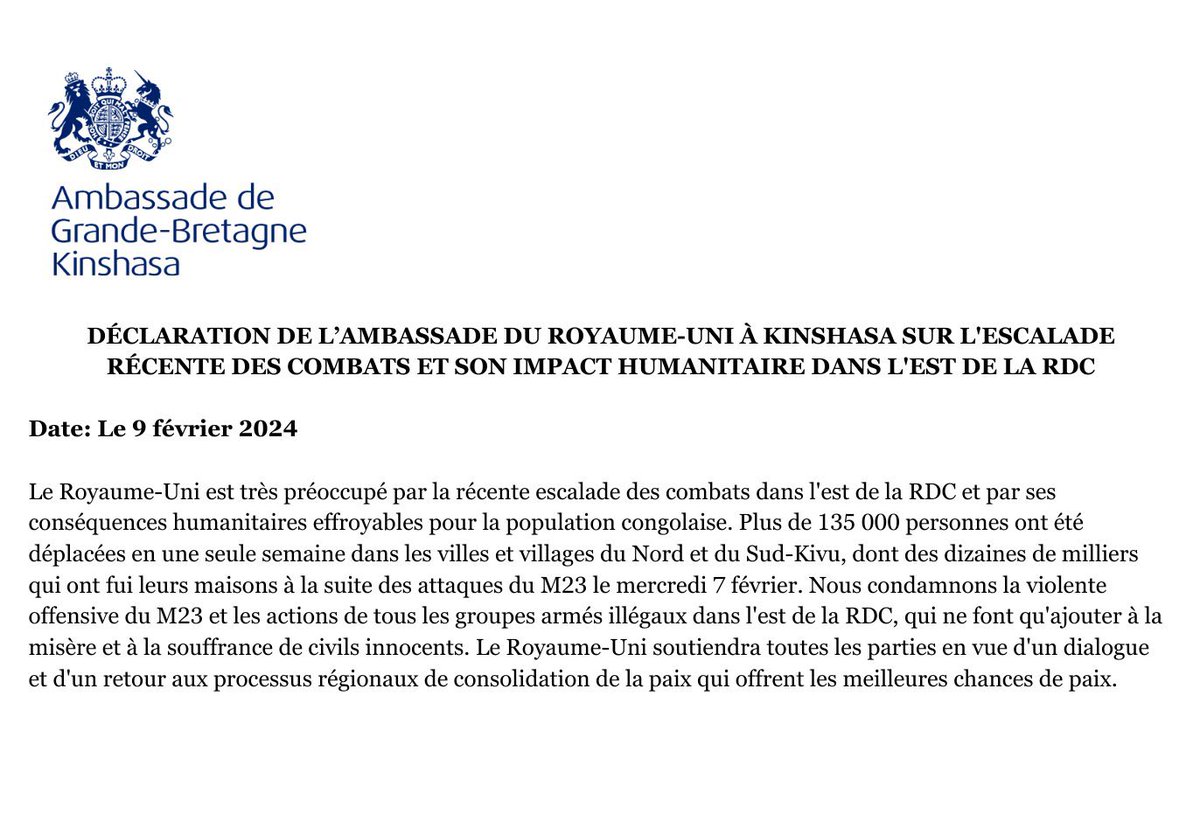kabumba_justin's tweet photo. #RDC 🇨🇩Guerre dans l'est du pays,  “Le Royaume-Uni soutiendra toutes les parties en vue d'un dialogue et d'un retour aux processus régionaux de consolidation de la paix qui offrent les meilleures chances de paix”@UKinDRC https://t.co/trsV81QPMp