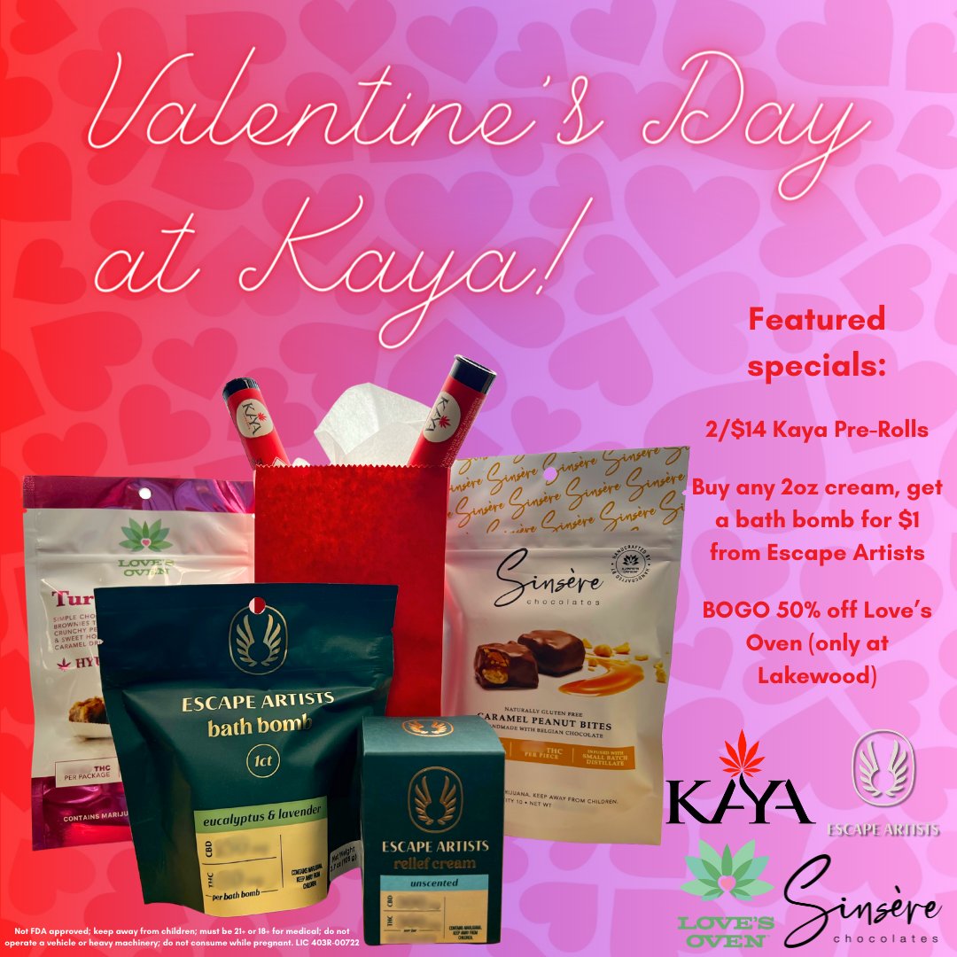 Kayacannabisco's tweet photo. Happy almost Valentine's Day Kaya fam ❤️  Get prepared and come on in starting today to check out the special V Day offerings from us, Escape Artists, and Love's Oven (Love's Oven + Sinsere only at Lakewood) https://t.co/7Xcwsnqxap