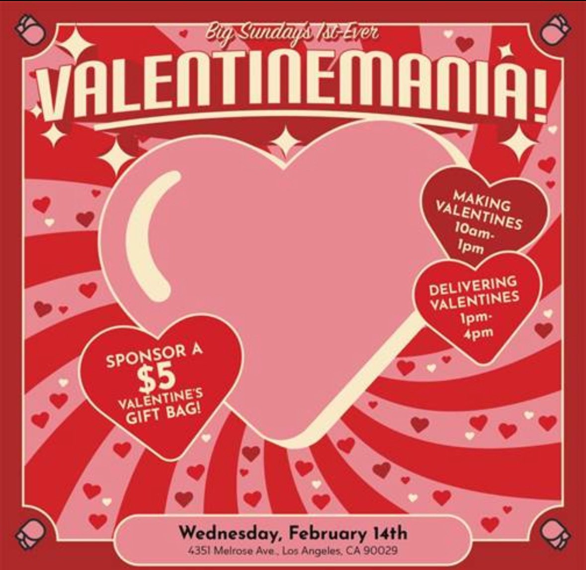 After Big Sunday’s ValentineMania party this February 14th, volunteer on our delivery brigade from 1-4 and send our amazingly cute gifts to senior centers and assisted living homes for those who couldn't make it in person!

Sign up below:
bigsundayorg.wufoo.com/forms/zn6k0k10…